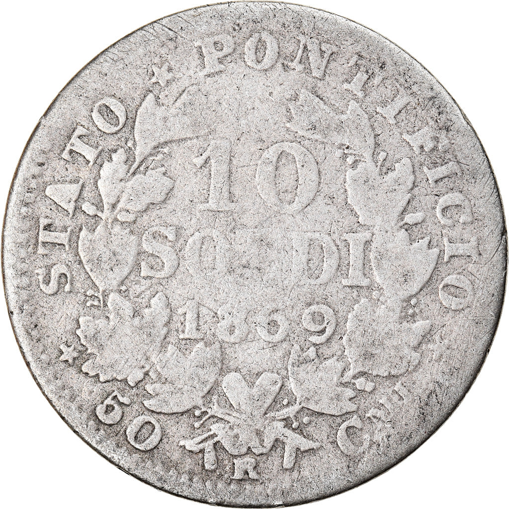 Moneta, DEPARTAMENTY WŁOSKIE, PAPAL STATES, Pius IX, 10 Soldi, 50 Centesimi