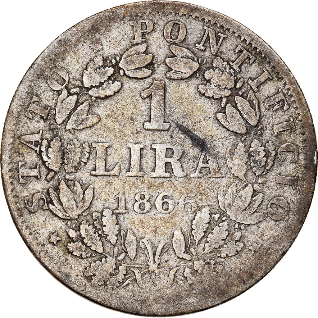 Moneda, Estados italianos, PAPAL STATES, Pius IX, Lira, 1866, Roma, BC+, Plata