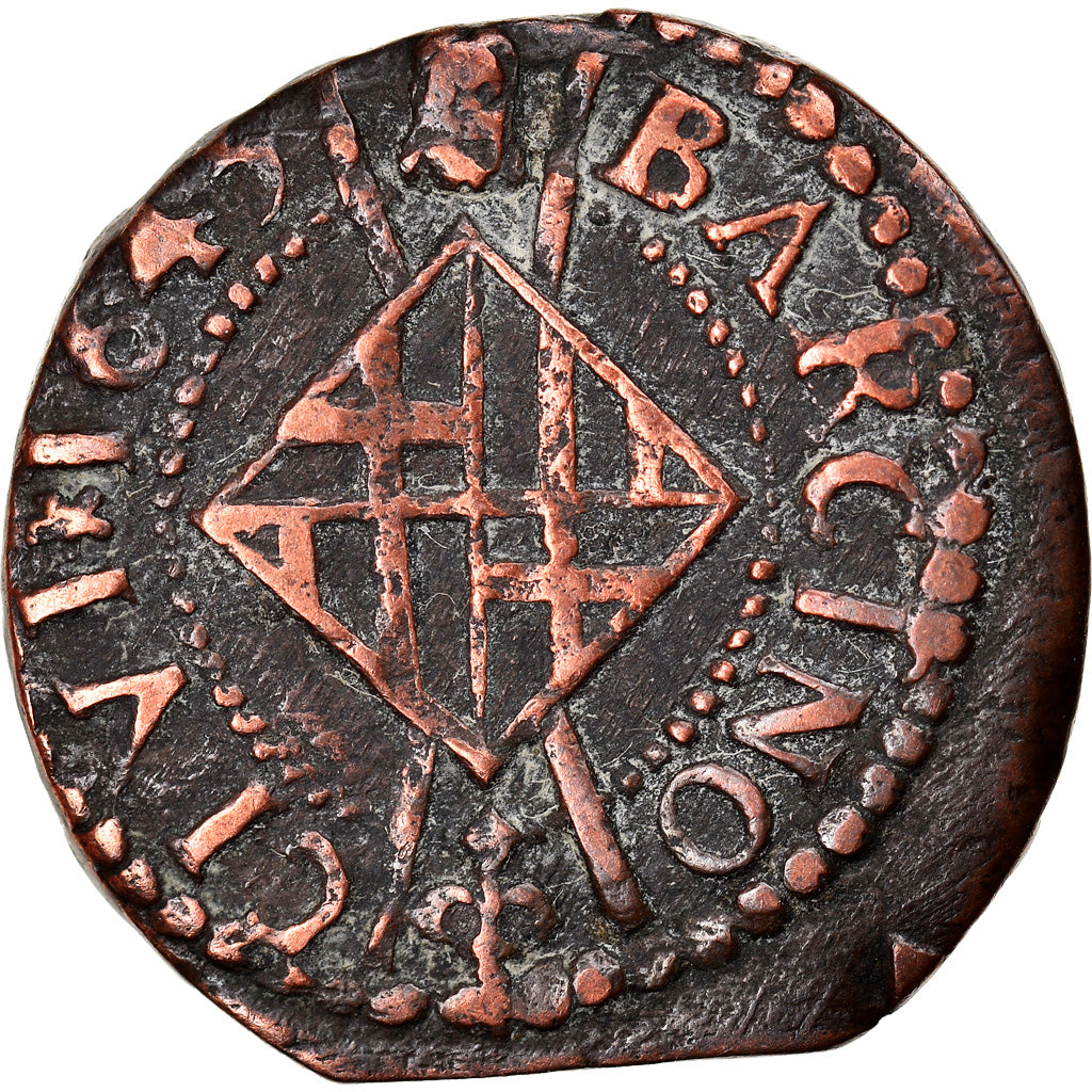 Munten, Spanje, CATALONIA, Louis XIII, Seiseno, 1645, Barcelona, FR+, Koper