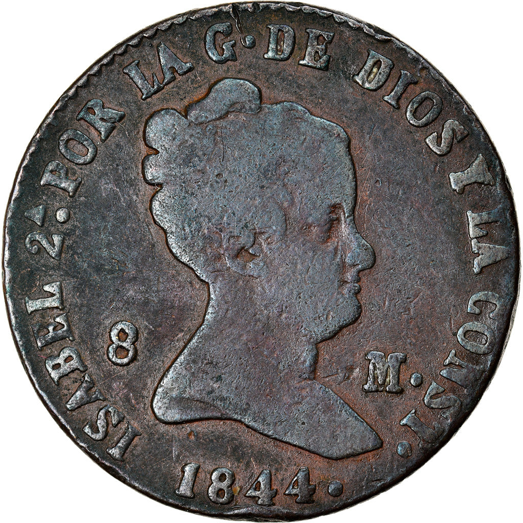 Moneda, España, Isabel II, 8 Maravedis, 1844, Segovia, BC+, Cobre, KM:531.3