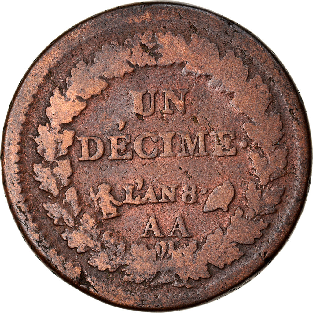 Moneta, Francia, Decime, AN 8, Metz, MB, Bronzo, Gadoury:187a