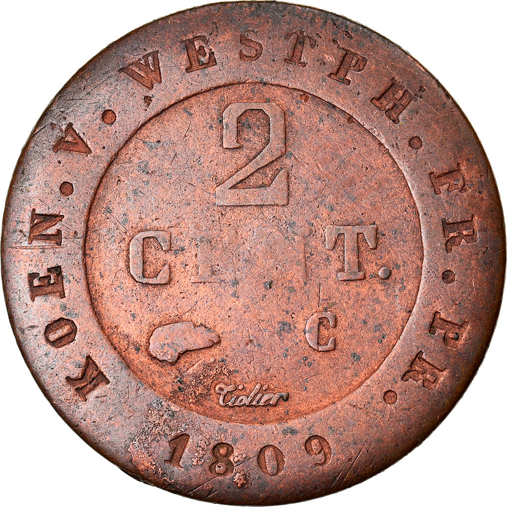 Moneta, Stati tedeschi, WESTPHALIA, Jerome, 2 Centimes, 1809, Cassel, BB, Rame