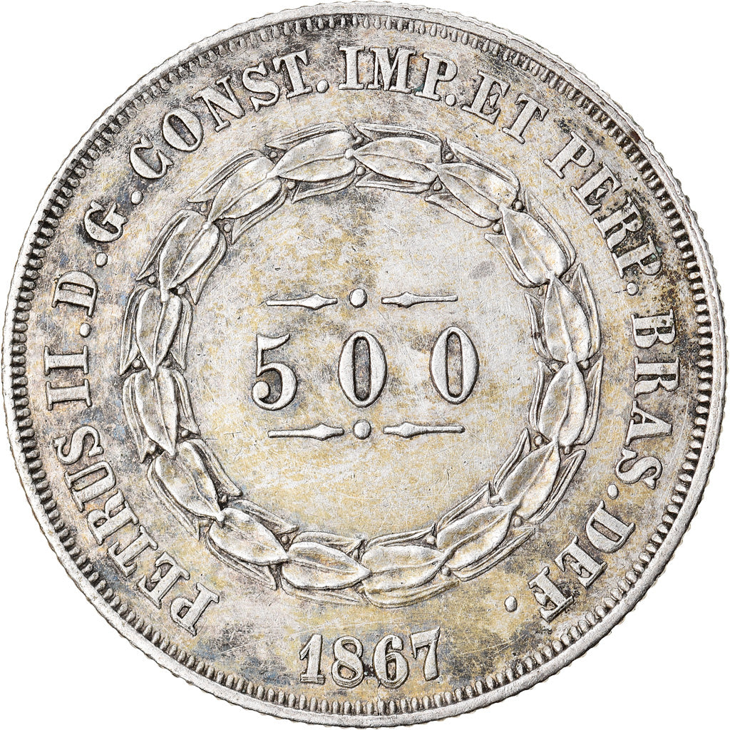 Coin, Brazil, Pedro II, 500 Reis, 1867, AU(50-53), Silver, KM:464