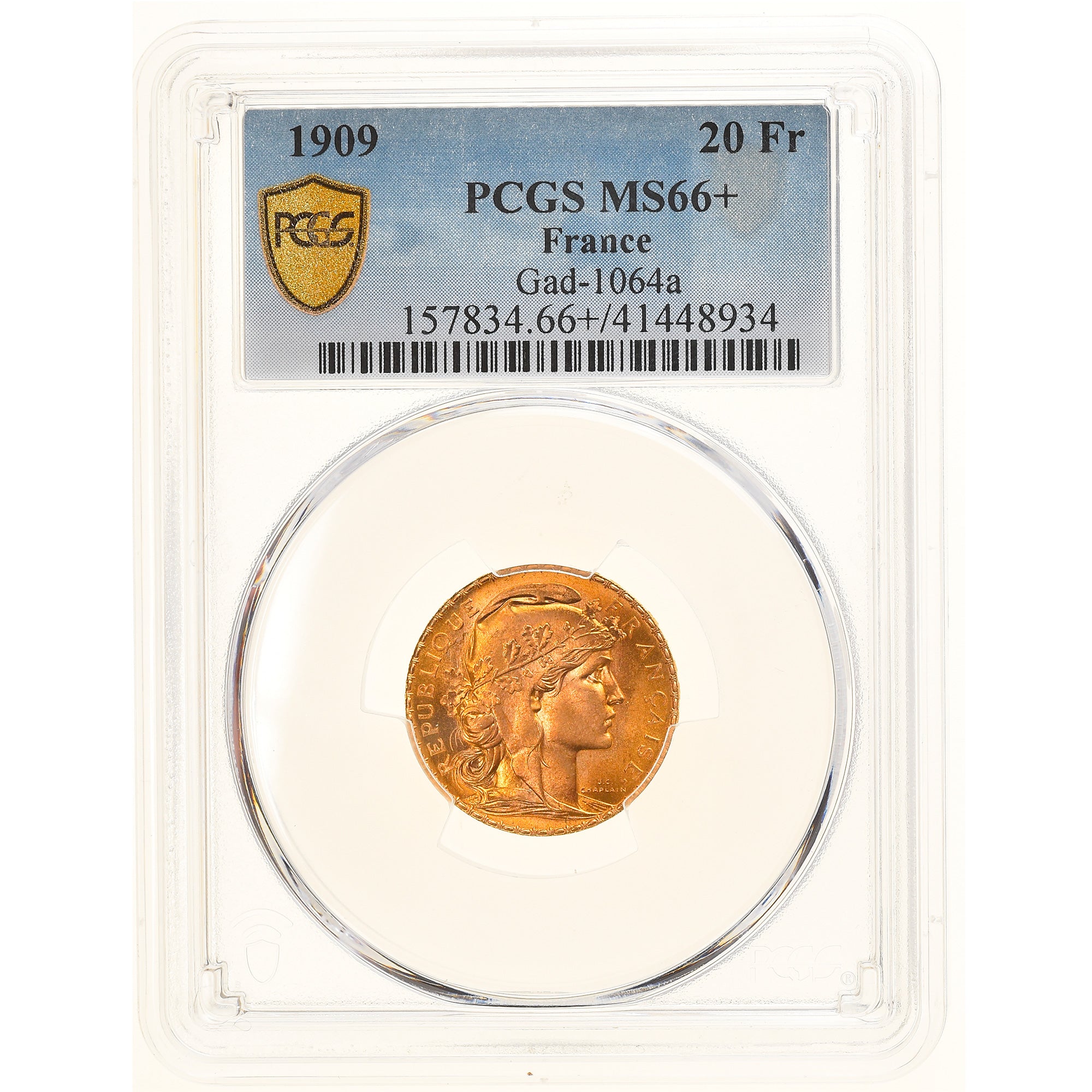 Coin, France, Marianne, 20 Francs, 1909, Paris, PCGS, MS66+, MS(65-70), Gold