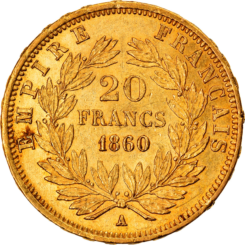 Moneta, Francja, Napoleon III, Napoléon III, 20 Francs, 1860, Paris, AU(55-58)