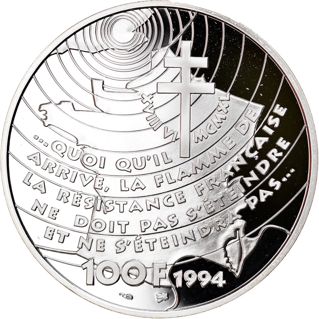 Moeda, França, Appel du 18 juin 1940, 100 Francs, 1994, BE, MS(65-70), Prata