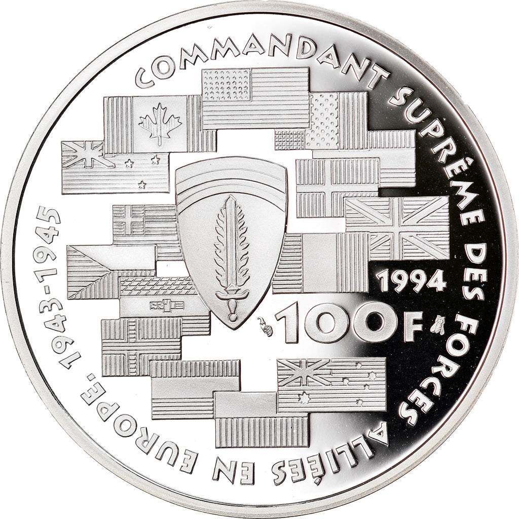 Coin, France, Dwight D.  Eisenhower, 100 Francs, 1994, BE, MS(65-70), Silver
