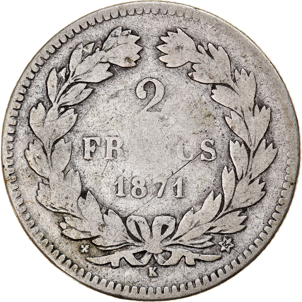Monnaie, France, Cérès, 2 Francs, 1871, Bordeaux, TB, Argent, Gadoury:529