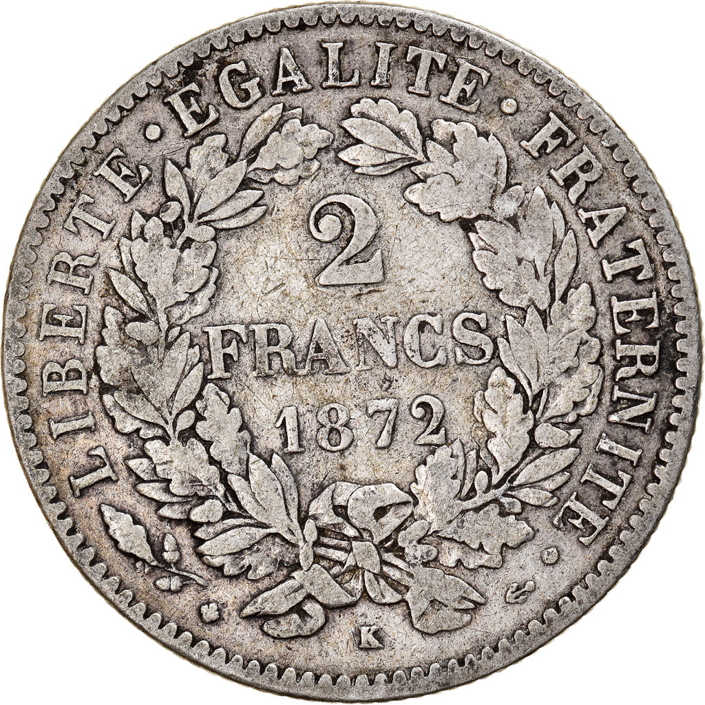 Coin, France, Cérès, 2 Francs, 1872, Bordeaux, VF(30-35), Silver, KM:817.2