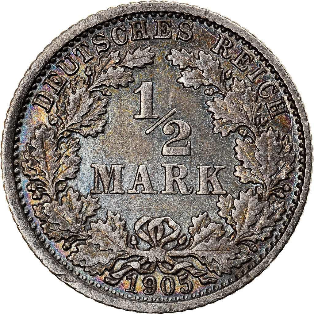 Coin, GERMANY - EMPIRE, 1/2 Mark, 1905, Stuttgart, EF(40-45), Silver, KM:17