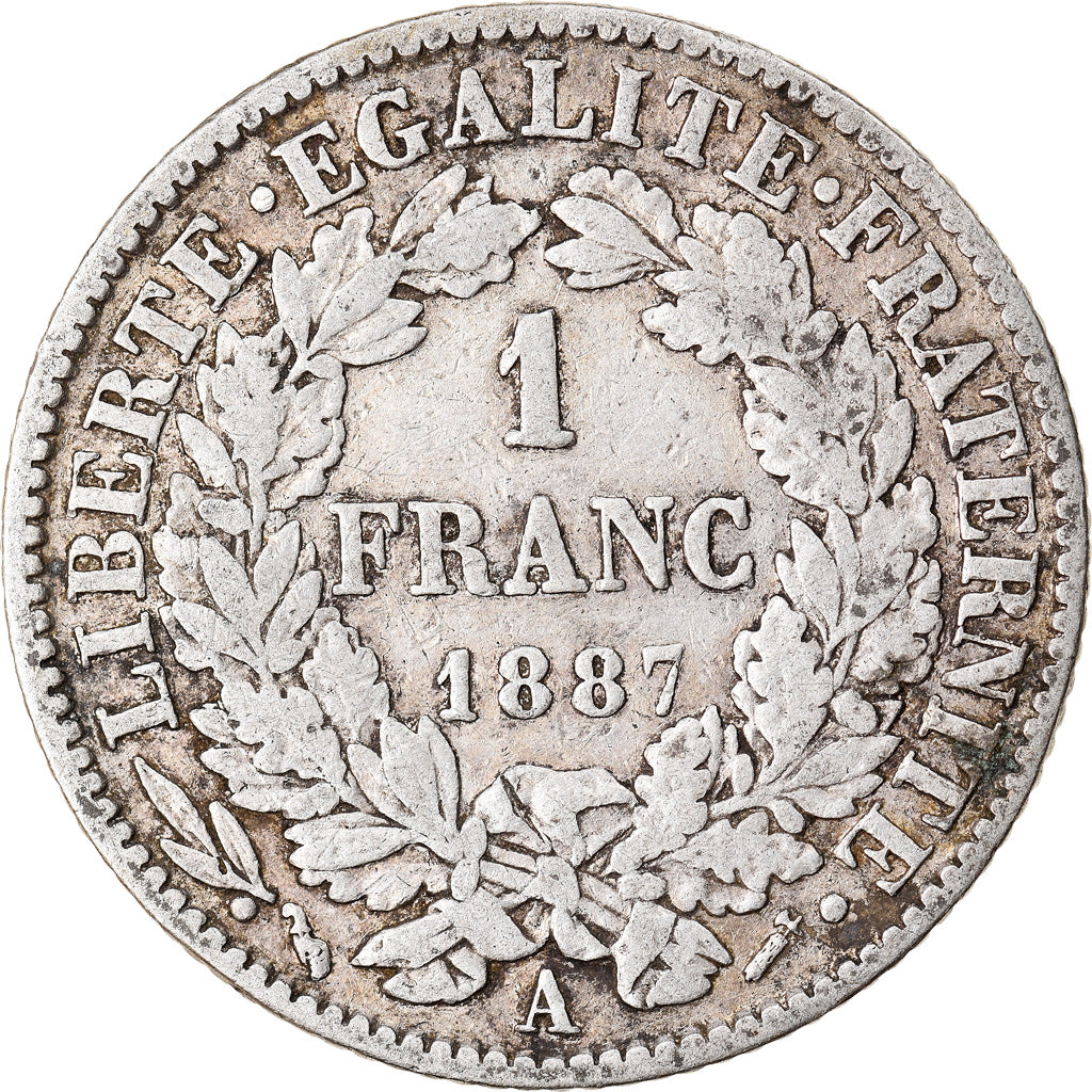 Moneta, Francia, Cérès, Franc, 1887, Paris, MB+, Argento, KM:822.1