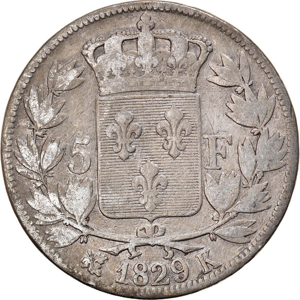 Moneda, Francia, Charles X, 5 Francs, 1829, Bordeaux, BC+, Plata, KM:728.7