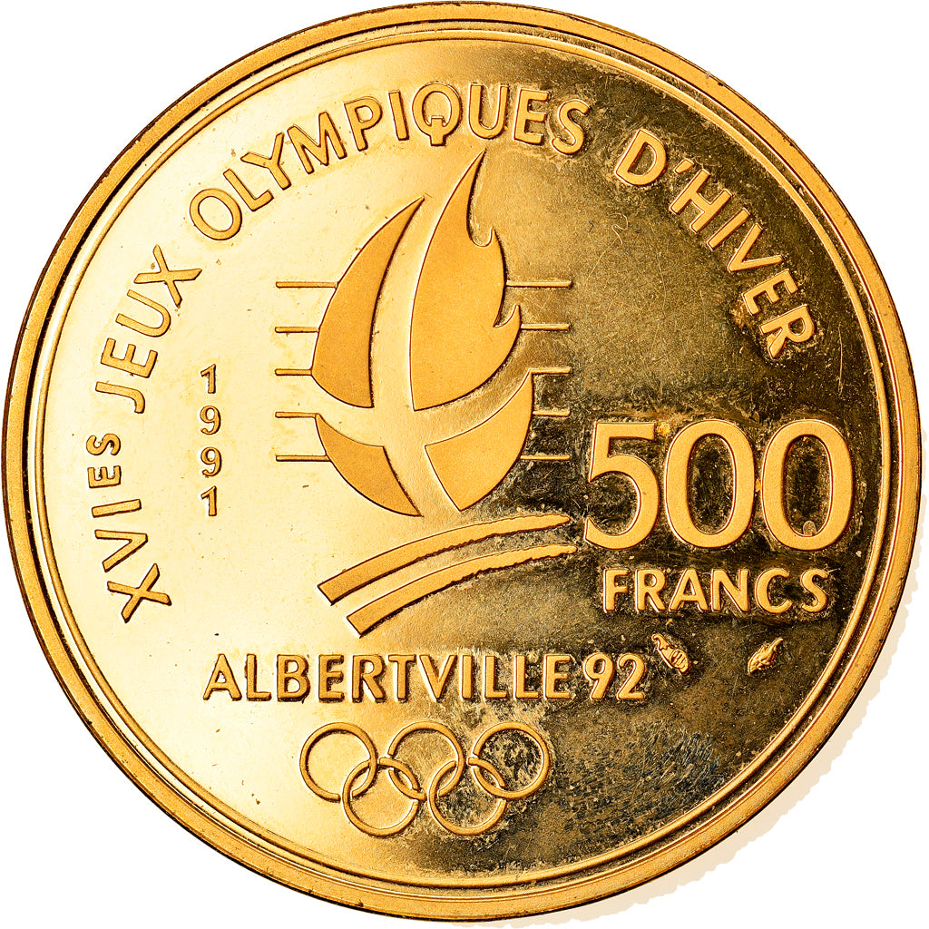 Coin, France, Albertville, Coubertin, 500 Francs, 1991, Paris, MS(65-70), Gold