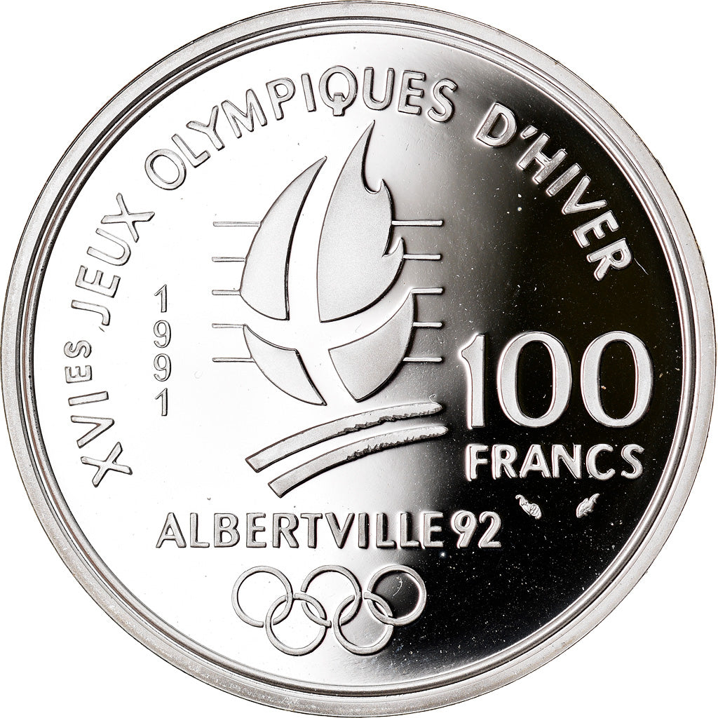 Moeda, França, albertville 92, 100 Francs, 1991, Proof, MS(65-70), Prata