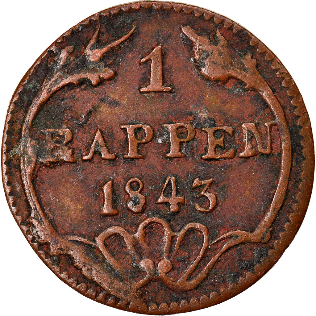 Moeda, CANTÕES SUÍÇOS, SCHWYZ, Rappen, 1843, EF(40-45), Cobre, KM:65