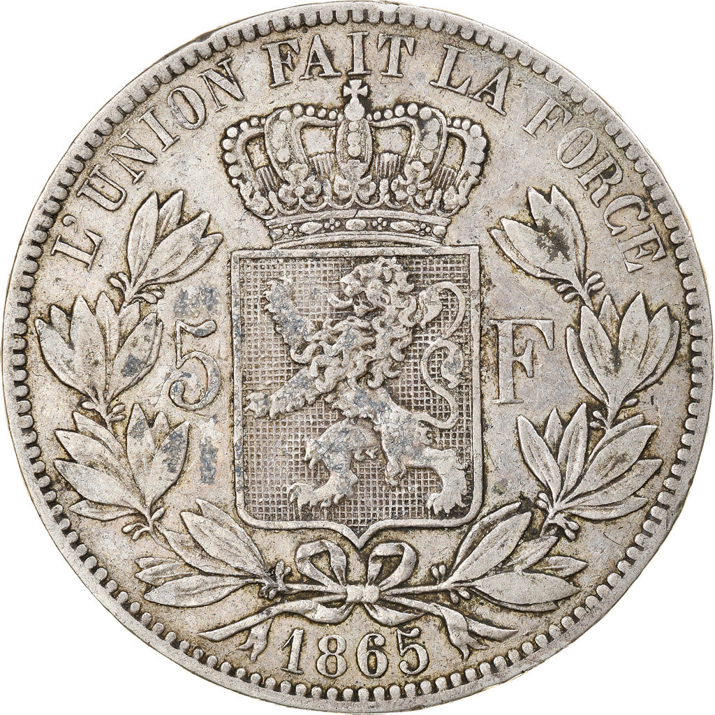 Moneda, Bélgica, Leopold I, 5 Francs, 5 Frank, 1865, BC+, Plata, KM:17