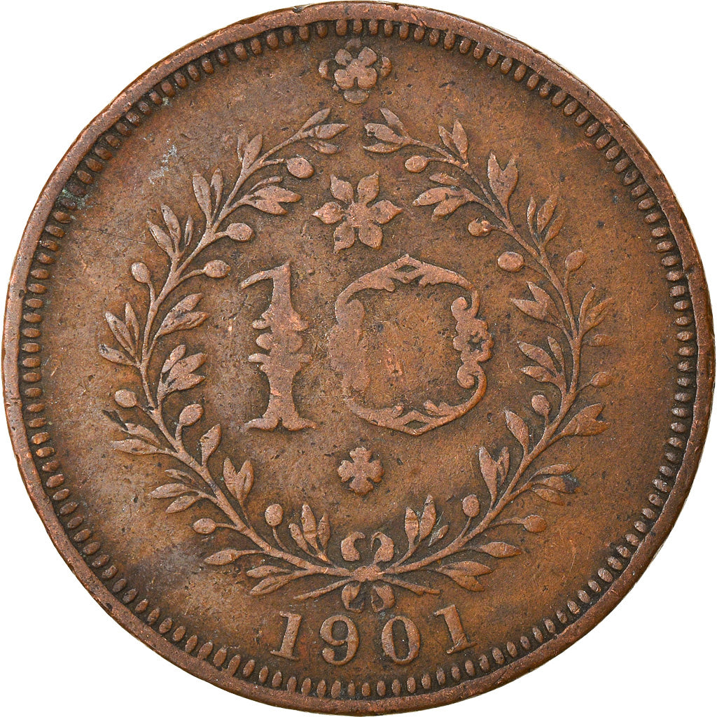 Moneta, Azzorre, 10 Reis, 1901, MB+, Rame, KM:17