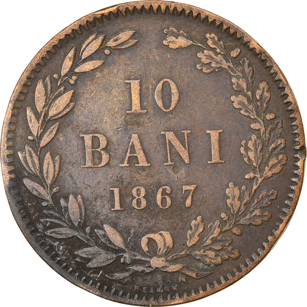 Münze, Rumänien, Carol I, 10 Bani, 1867, S+, Kupfer, KM:4.2