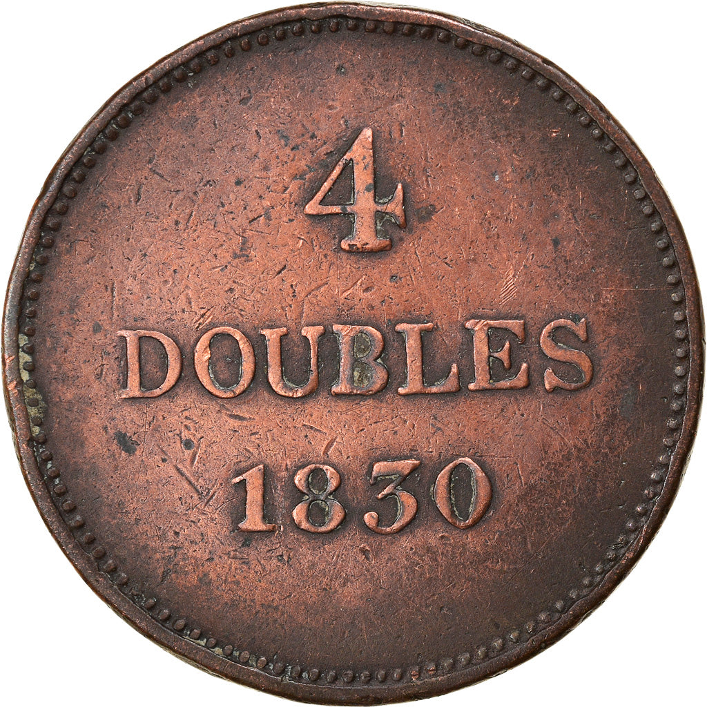 Moneta, Guernsey, 4 Doubles, 1830, Heaton, MB+, Rame, KM:2