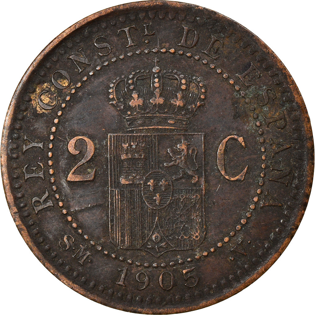 Moneta, Spagna, Alfonso XIII, 2 Centimos, 1905, Madrid, BB, Rame, KM:722
