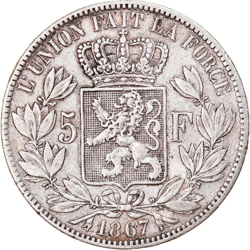 Moeda, Bélgica, Leopold II, 5 Francs, 5 Frank, 1867, VF(30-35), Prata, KM:24