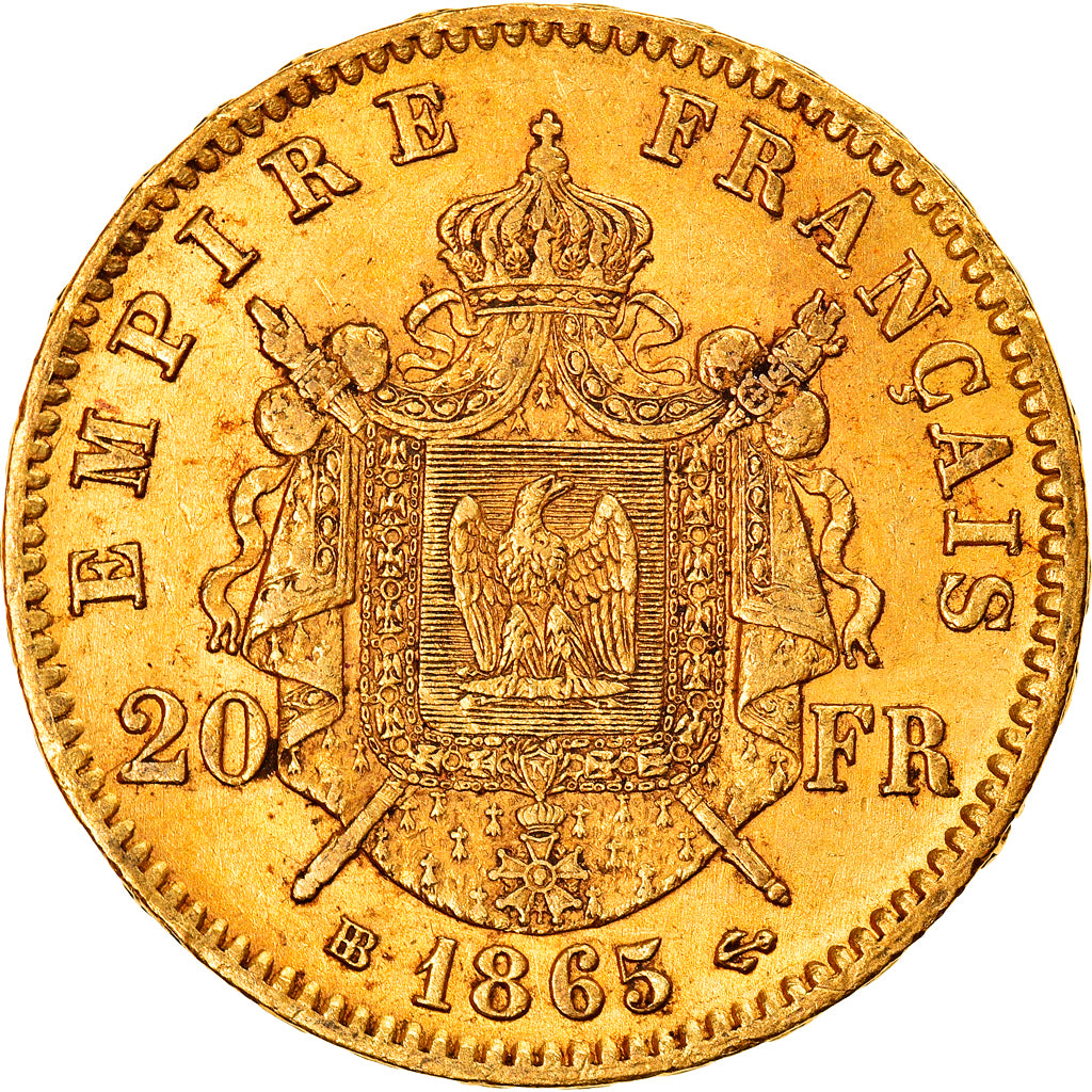 Munten, Frankrijk, Napoleon III, 20 Francs, 1865, Strasbourg, PR, Goud