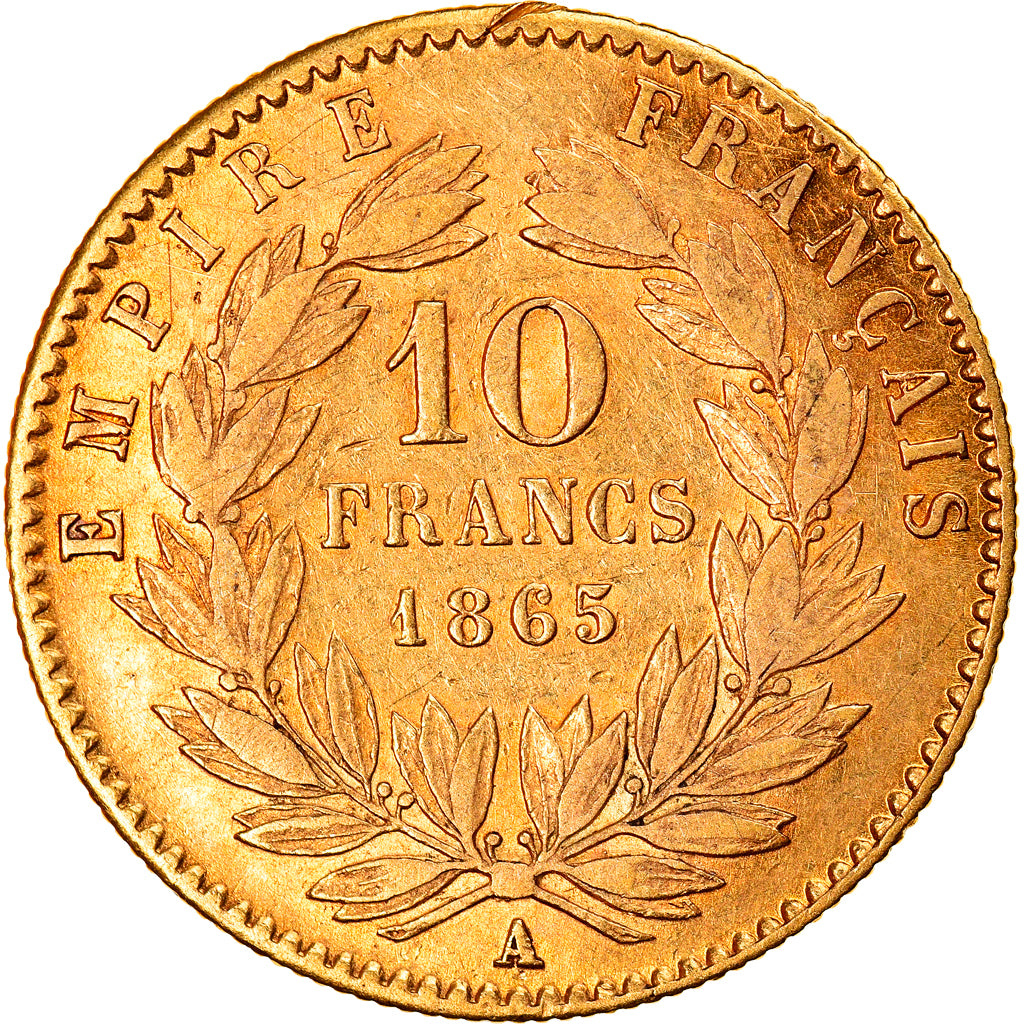 Moneta, Francia, Napoleon III, 10 Francs, 1865, Paris, BB+, Oro, KM:800.1