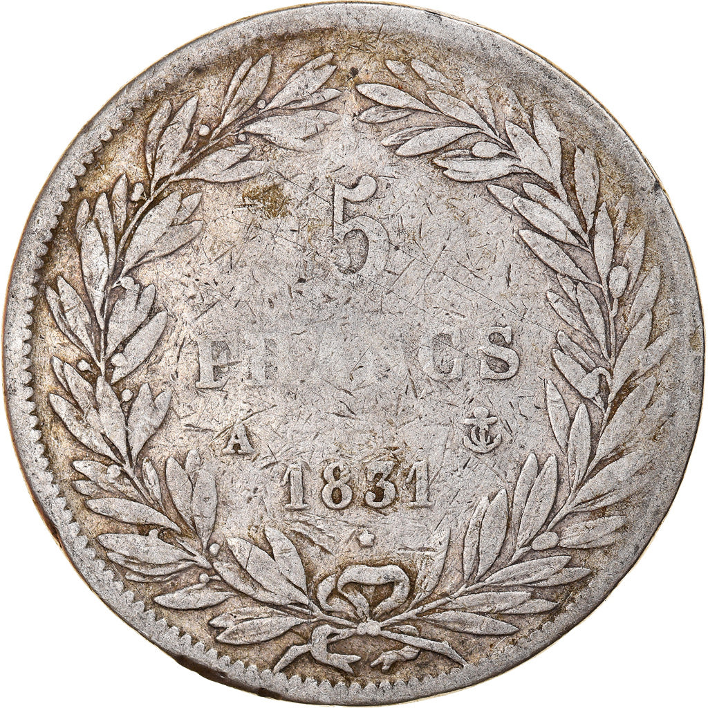 Moeda, França, Louis-Philippe, 5 Francs, 1831, Paris, VF(20-25), Prata