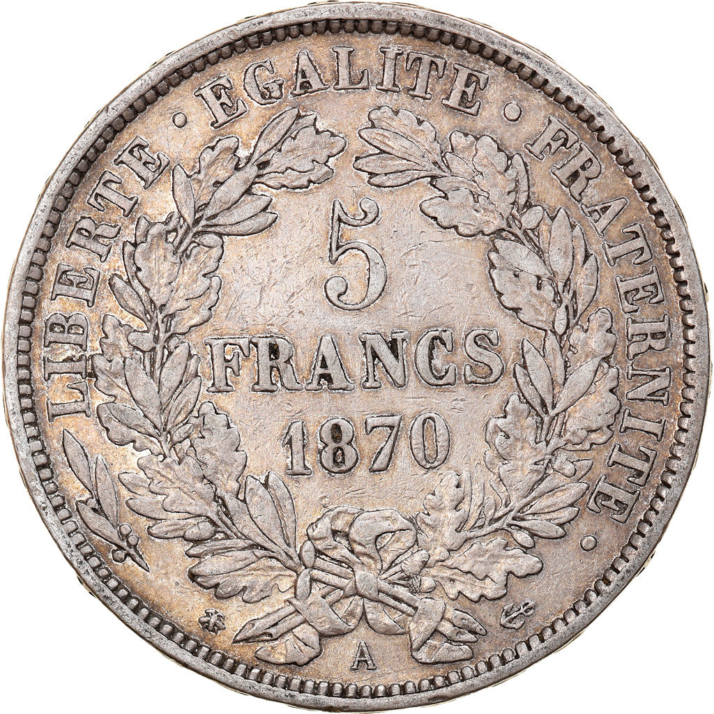 Moeda, França, Cérès, 5 Francs, 1870, Paris, EF(40-45), Prata, KM:819