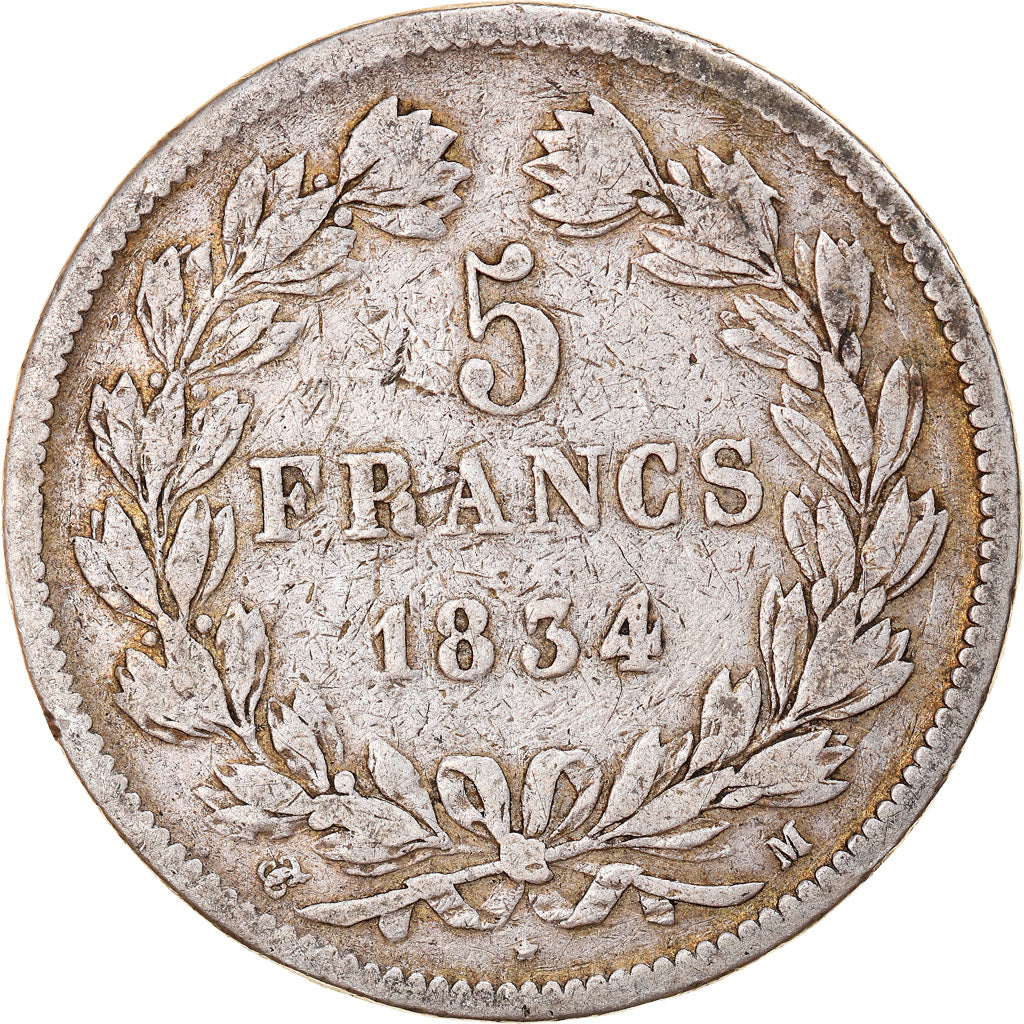 Coin, France, Louis-Philippe, 5 Francs, 1834, Toulouse, VF(20-25), Silver