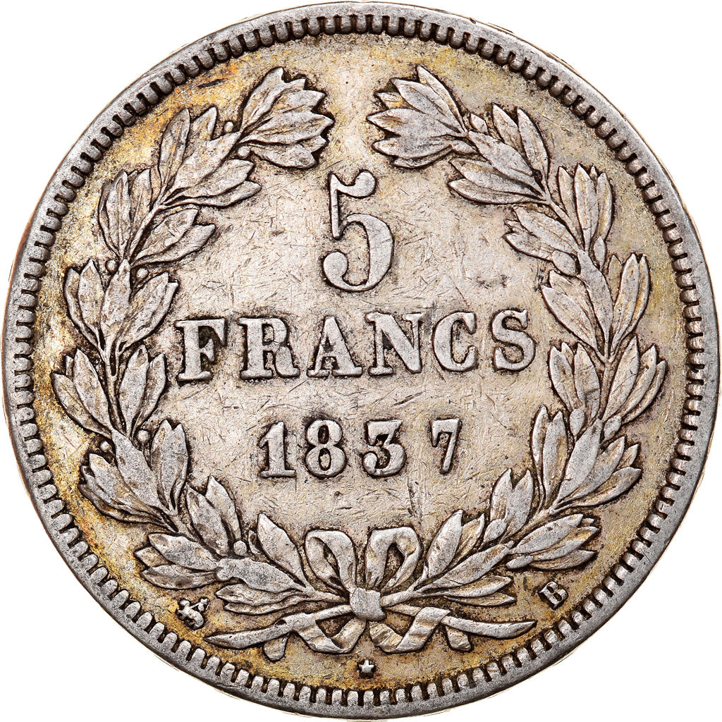 Moneta, Francia, Louis-Philippe, 5 Francs, 1837, Rouen, MB+, Argento, KM:749.2