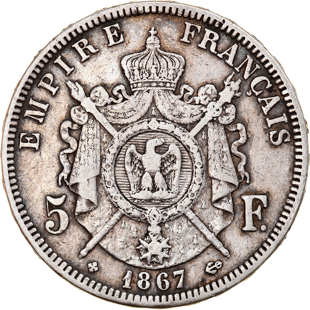 Moneta, Francia, Napoléon III, 5 Francs, 1867, Strasbourg, BB, Argento