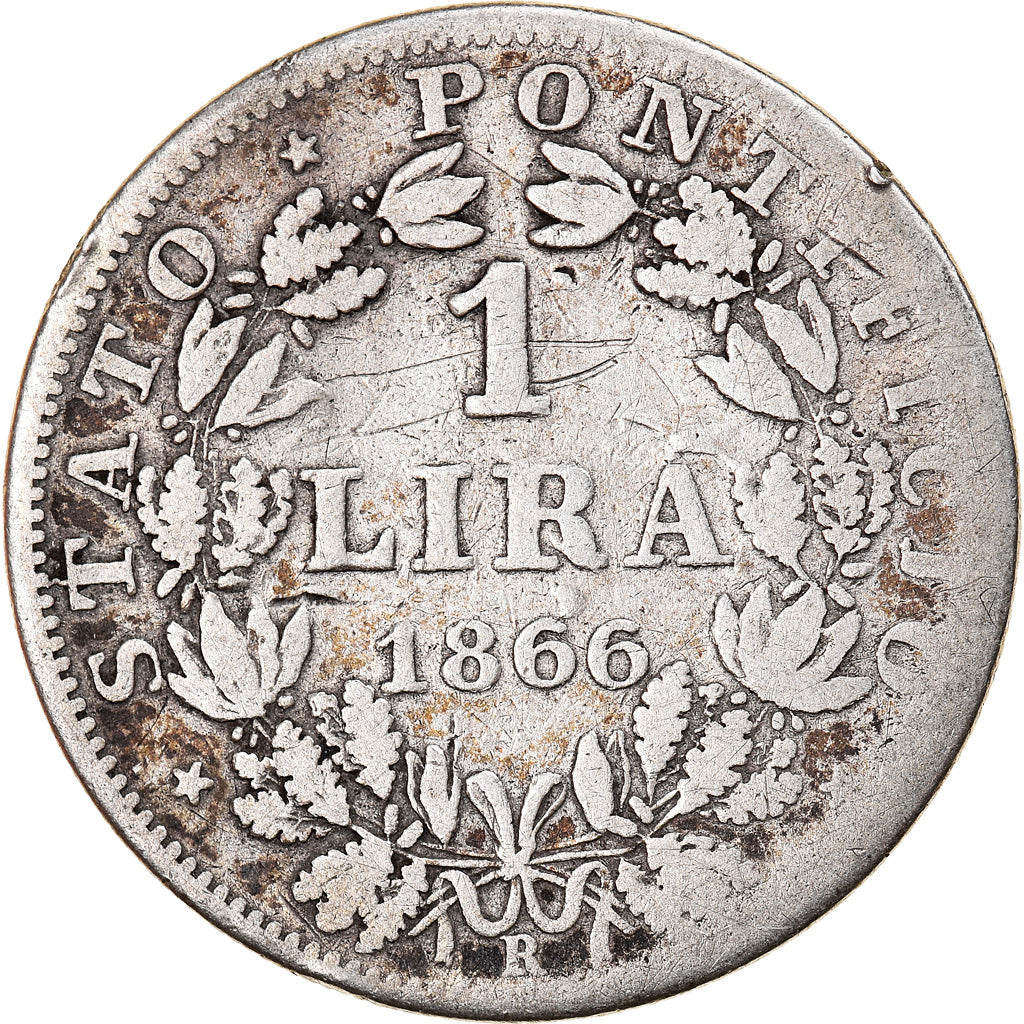 Moneda, Estados italianos, PAPAL STATES, Pius IX, Lira, 1866, Roma, BC+, Plata