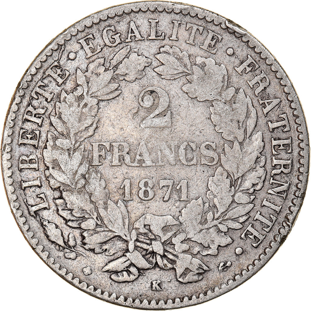 Moeda, França, Cérès, 2 Francs, 1871, Bordeaux, VF(30-35), Prata, KM:817.2