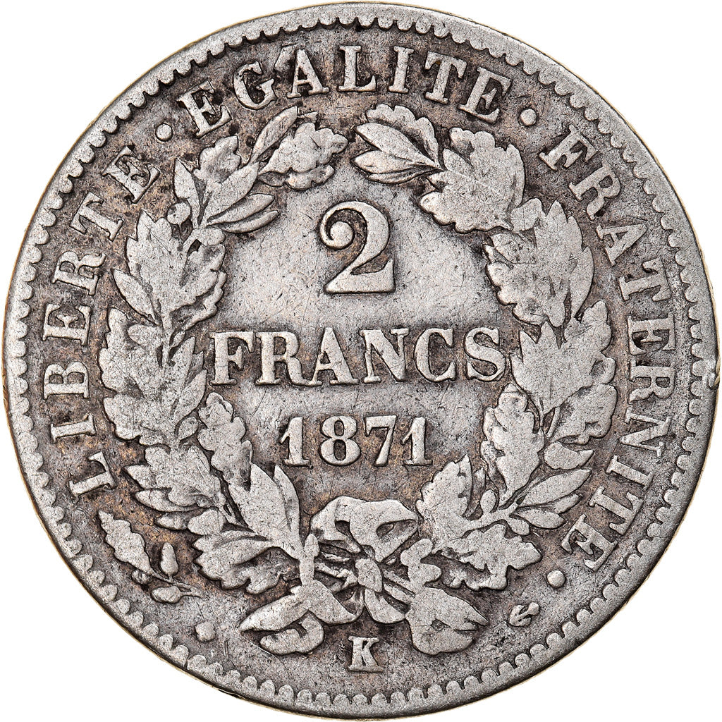 Coin, France, Cérès, 2 Francs, 1871, Bordeaux, grand K, VF(30-35), Silver