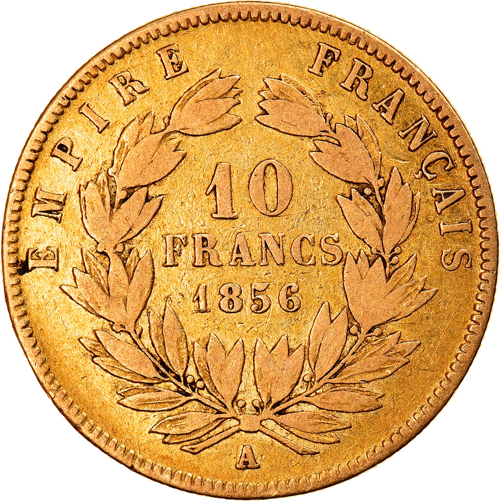 Moneda, Francia, Napoleon III, 10 Francs, 1856, Paris, BC+, Oro, KM:784.3