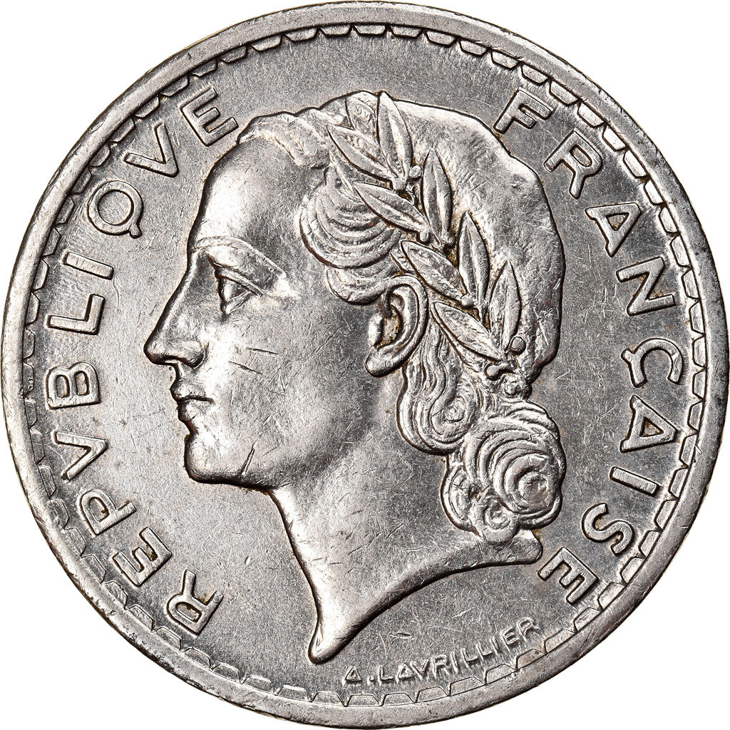 Moneda, Francia, Lavrillier, 5 Francs, 1938, Paris, MBC+, Níquel, KM:888