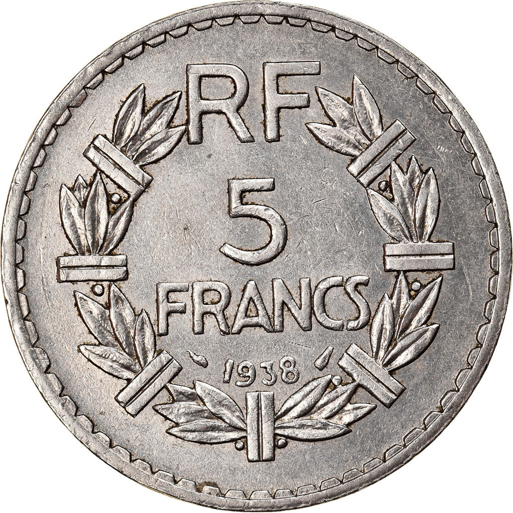 Moneda, Francia, Lavrillier, 5 Francs, 1938, Paris, MBC+, Níquel, KM:888