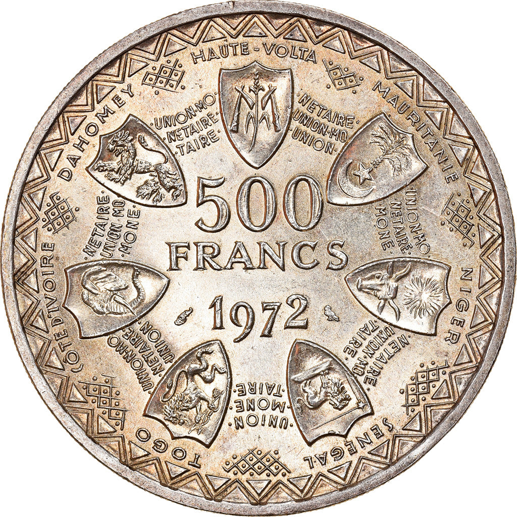 Münze, West African States, 500 Francs, 1972, UNZ, Silber, KM:7