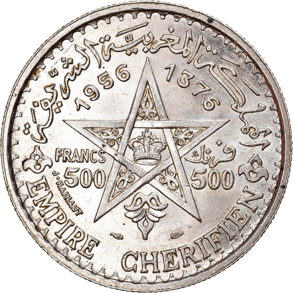 Moneta, Marocco, Mohammed V, 500 Francs, 1956/AH1376, Paris, SPL, Argento, KM:54