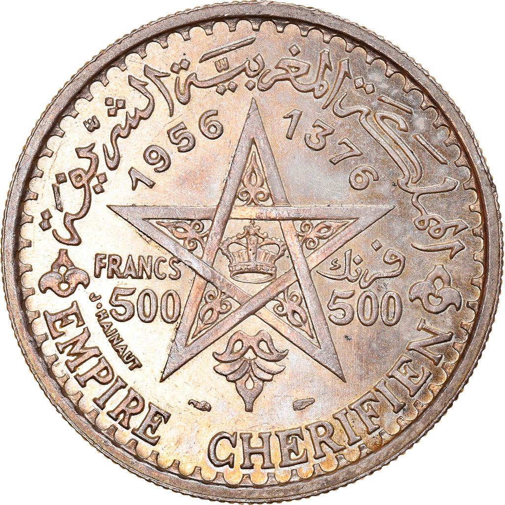 Münze, Marokko, Mohammed V, 500 Francs, 1956/AH1376, Paris, VZ+, Silber, KM:54