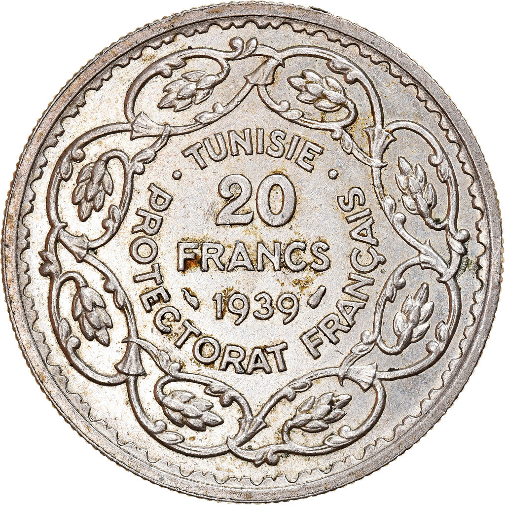 Moneta, Tunisia, Ahmad Pasha Bey, 20 Francs, 1939, Paris, SPL, Argento, KM:266