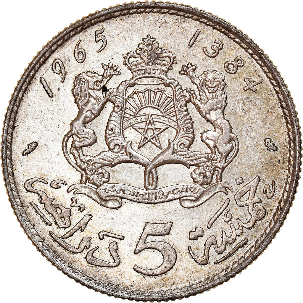 Moneta, Marocco, al-Hassan II, 5 Dirhams, 1965, Paris, BB+, Argento, KM:57