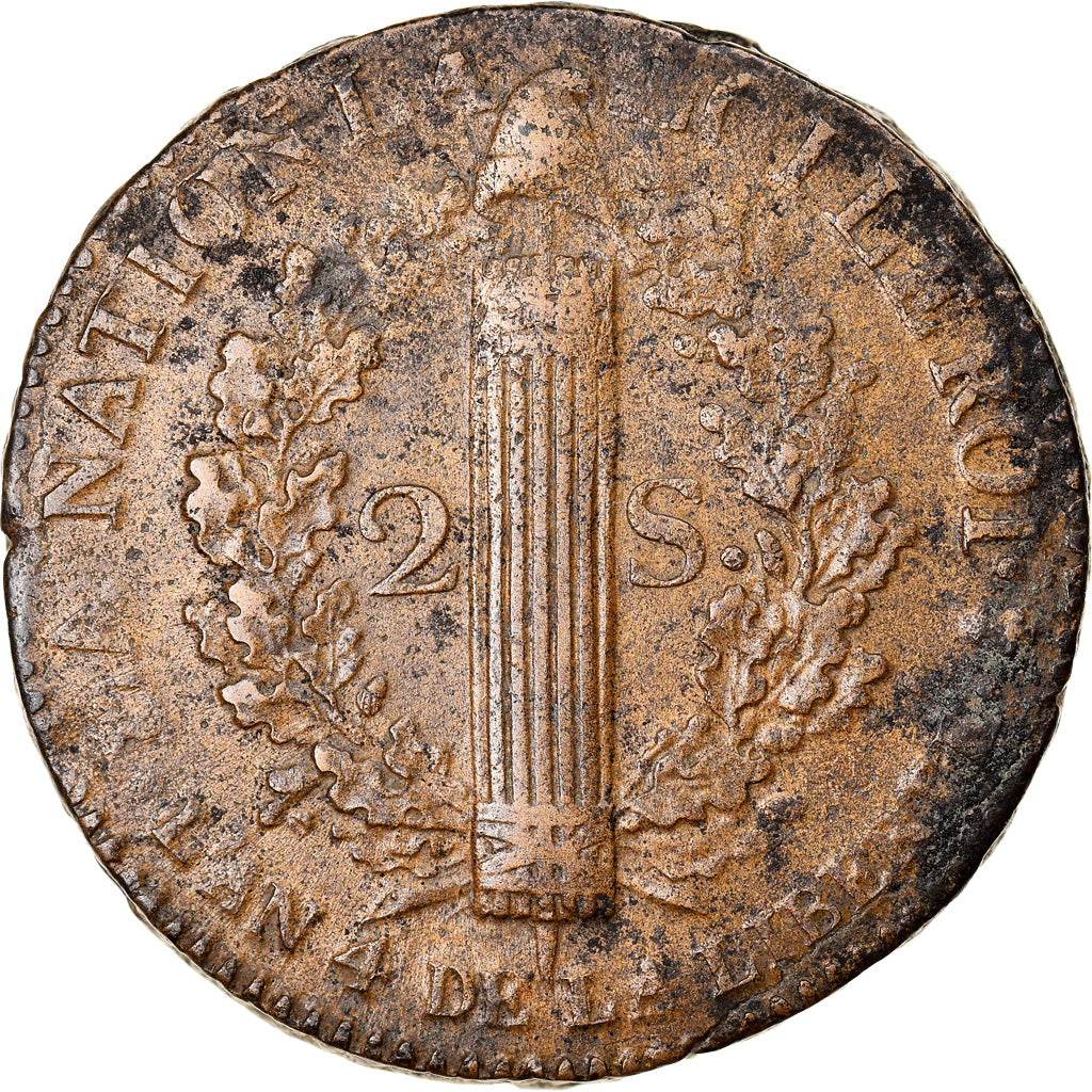 Coin, France, Louis XVI, 2 sols françois, 2 Sols, 1792, Paris, AU(50-53)