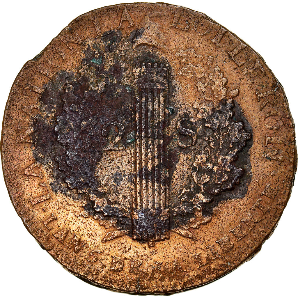 Moneta, Francja, 2 sols françois, 2 Sols, 1793, Lille, EF(40-45), Bronze