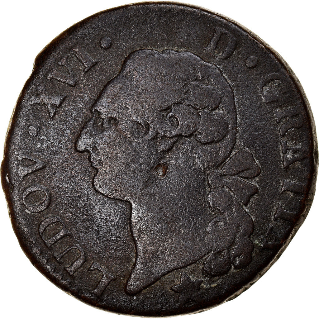 Moneta, Francja, Louis XVI, Sol ou sou, Sol, 1791, Marseille, VF(20-25), Miedź