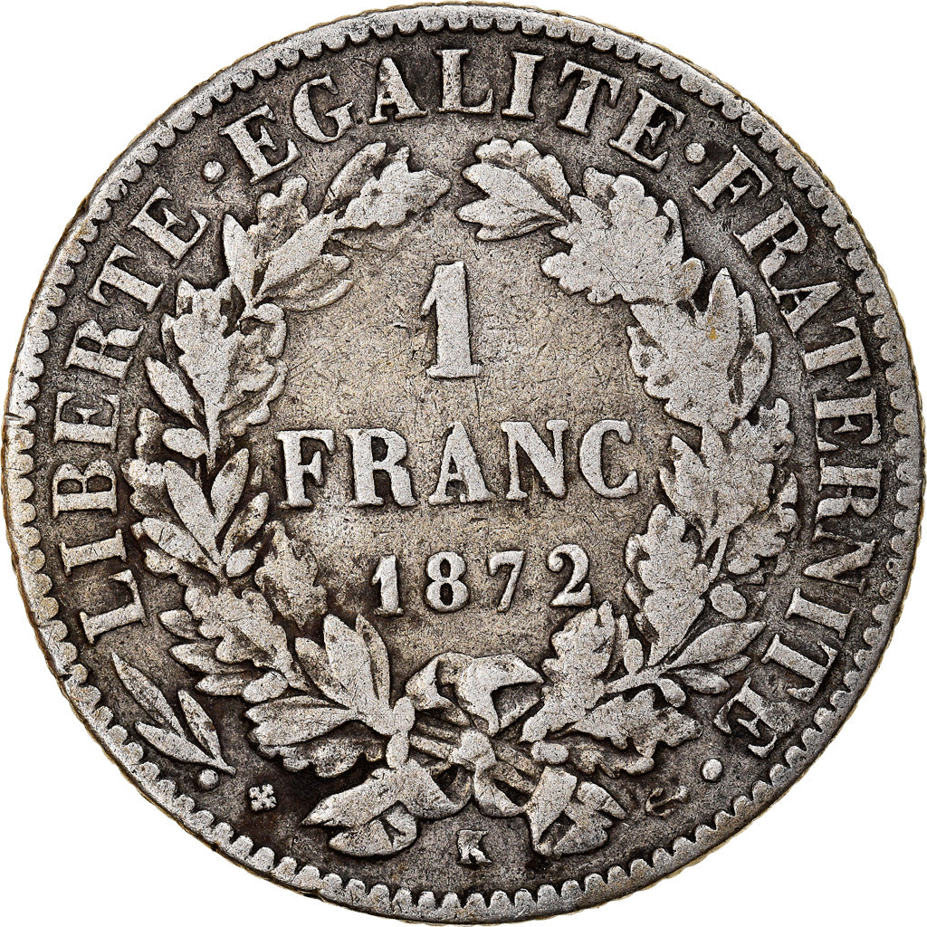 Moneta, Francia, Cérès, Franc, 1872, Bordeaux, MB+, Argento, KM:822.2
