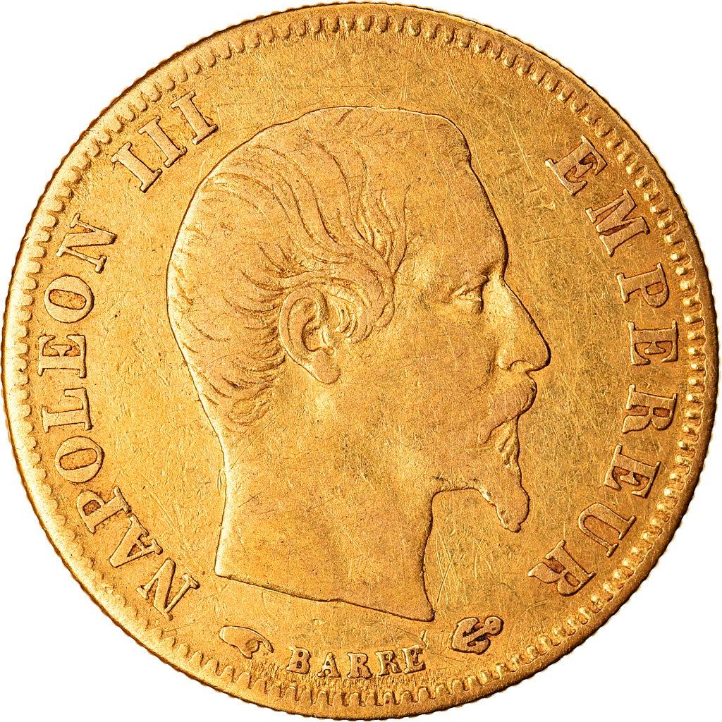 Moneda, Francia, Napoleon III, 5 Francs, 1858, Paris, BC+, Oro, KM:787.1