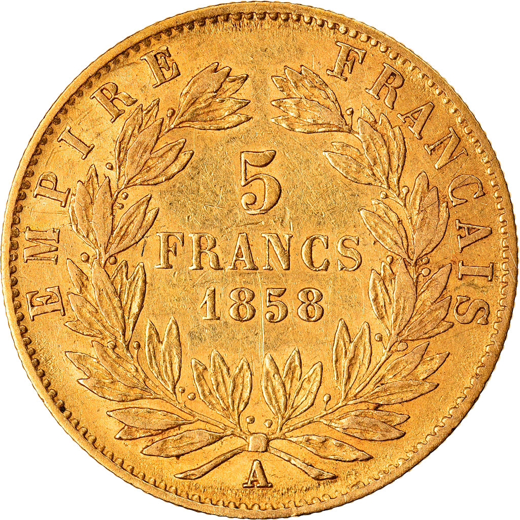 Moneda, Francia, Napoleon III, 5 Francs, 1858, Paris, BC+, Oro, KM:787.1