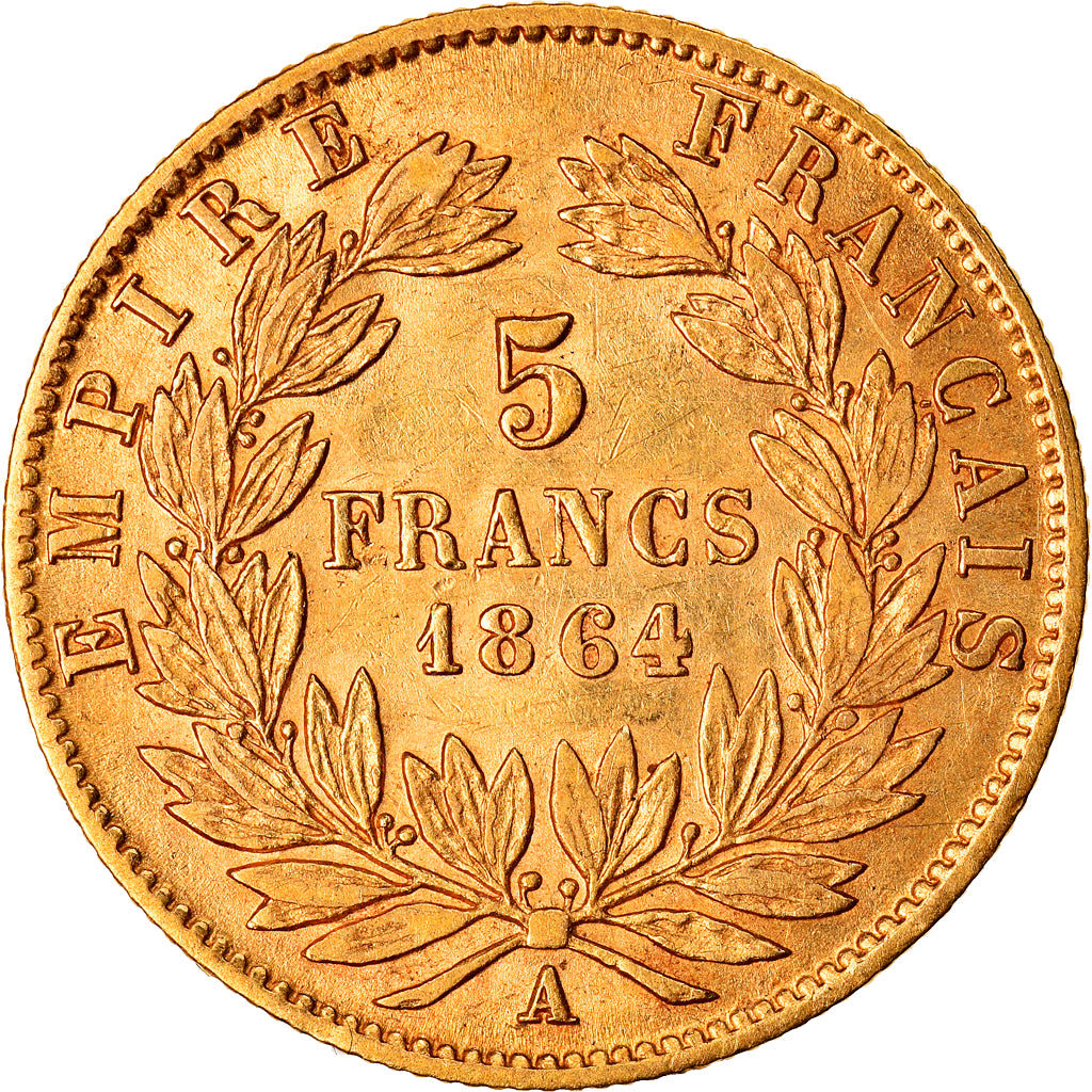 Moneta, Francia, Napoleon III, Napoléon III, 5 Francs, 1864, Paris, BB, Oro